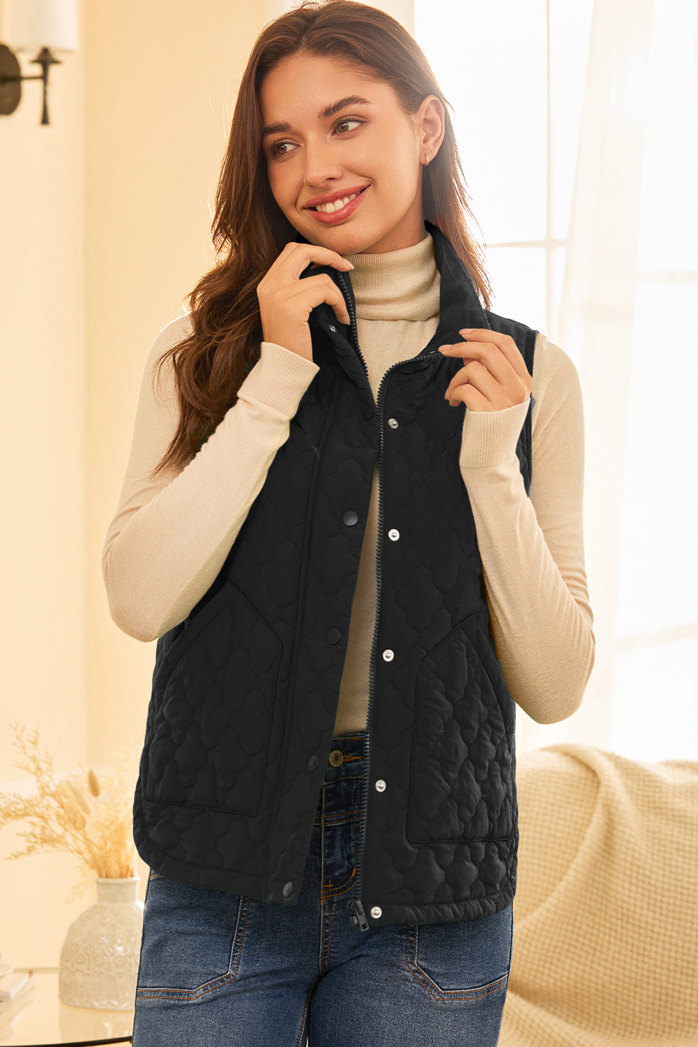 Flower Shape Quilted Snap Button Zip Up Winter Vest Vest - eAura