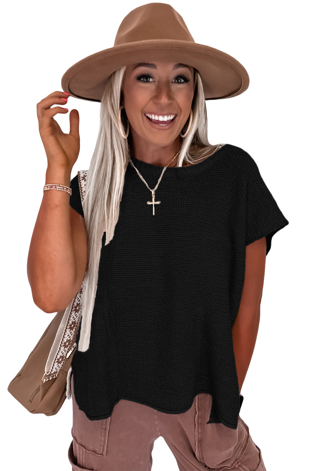 Sachet Pink Solid Color Sweater Tee with Side Slits BB Fashion Outlet