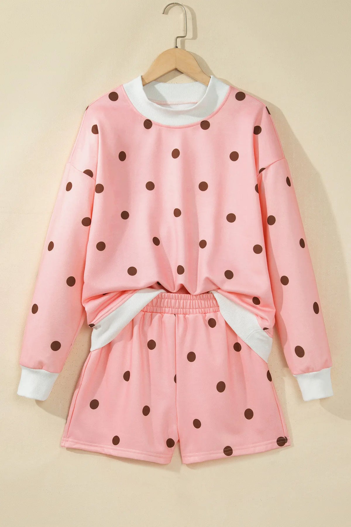 Polka Dot Ribbed Trim Long Sleeve Top Casual Short Set – Brown