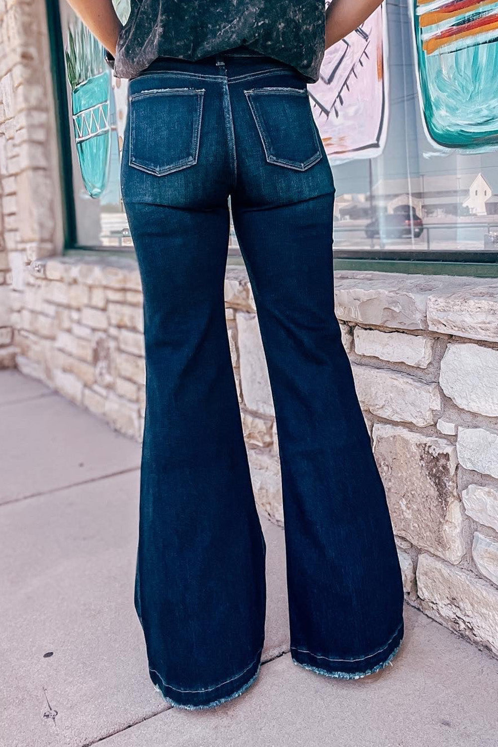 Real Teal High Rise Ripped Bell Bottom Jeans Beagle Boutique Fashion Outlet