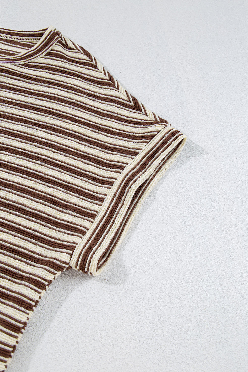 Brown Stripe Textured Side Slits Crew Neck T Shirt eAura
