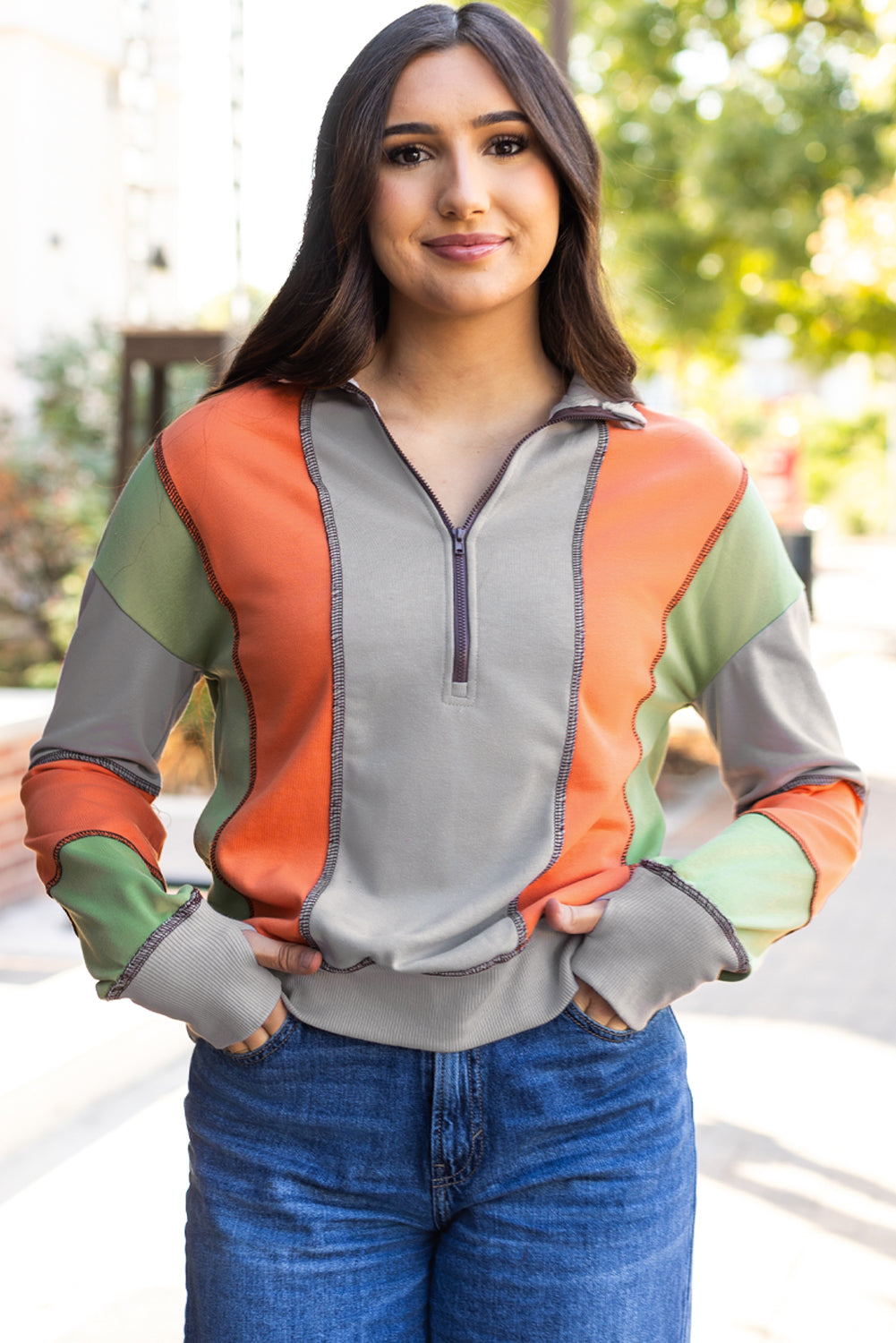 Light Grey Colour Block Stitching Detail Half Zipper Sweatshirt eAura