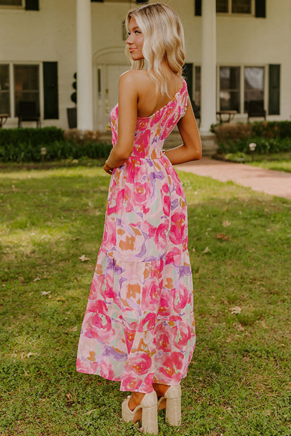 Pink Abstract Floral Print Shirred One Shoulder Maxi Dress eAura