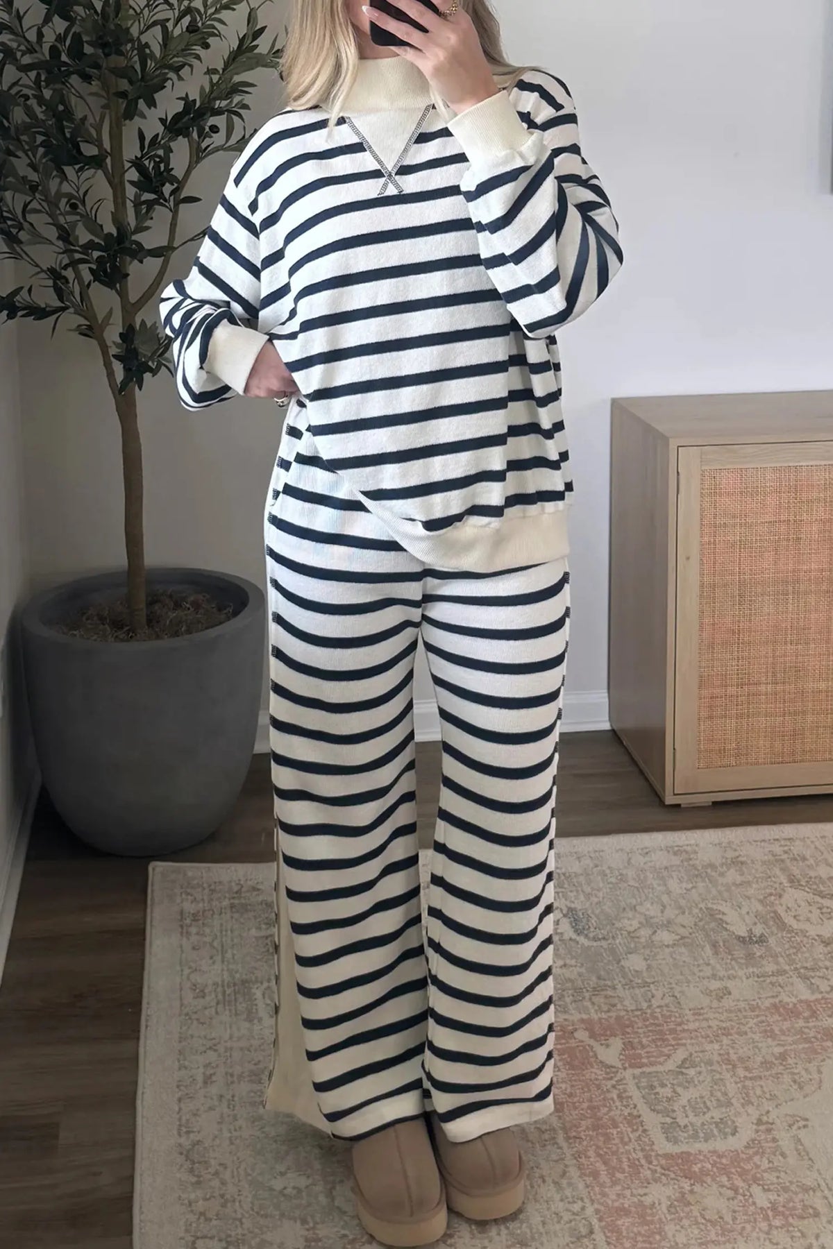 Striped Ribbed Cuff Collar Pocket Loose Pant Set – Blue Stripe