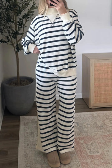 Striped Ribbed Cuff Collar Pocket Loose Pant Set – Blue Stripe