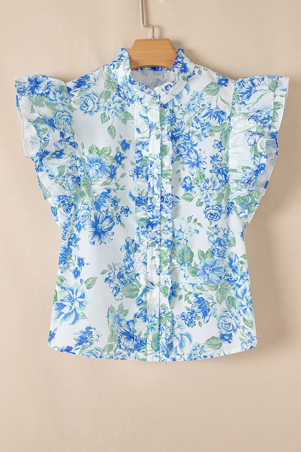 Sky Blue Floral Print Ruffle Sleeve Frilly Button Up Shirt eAura