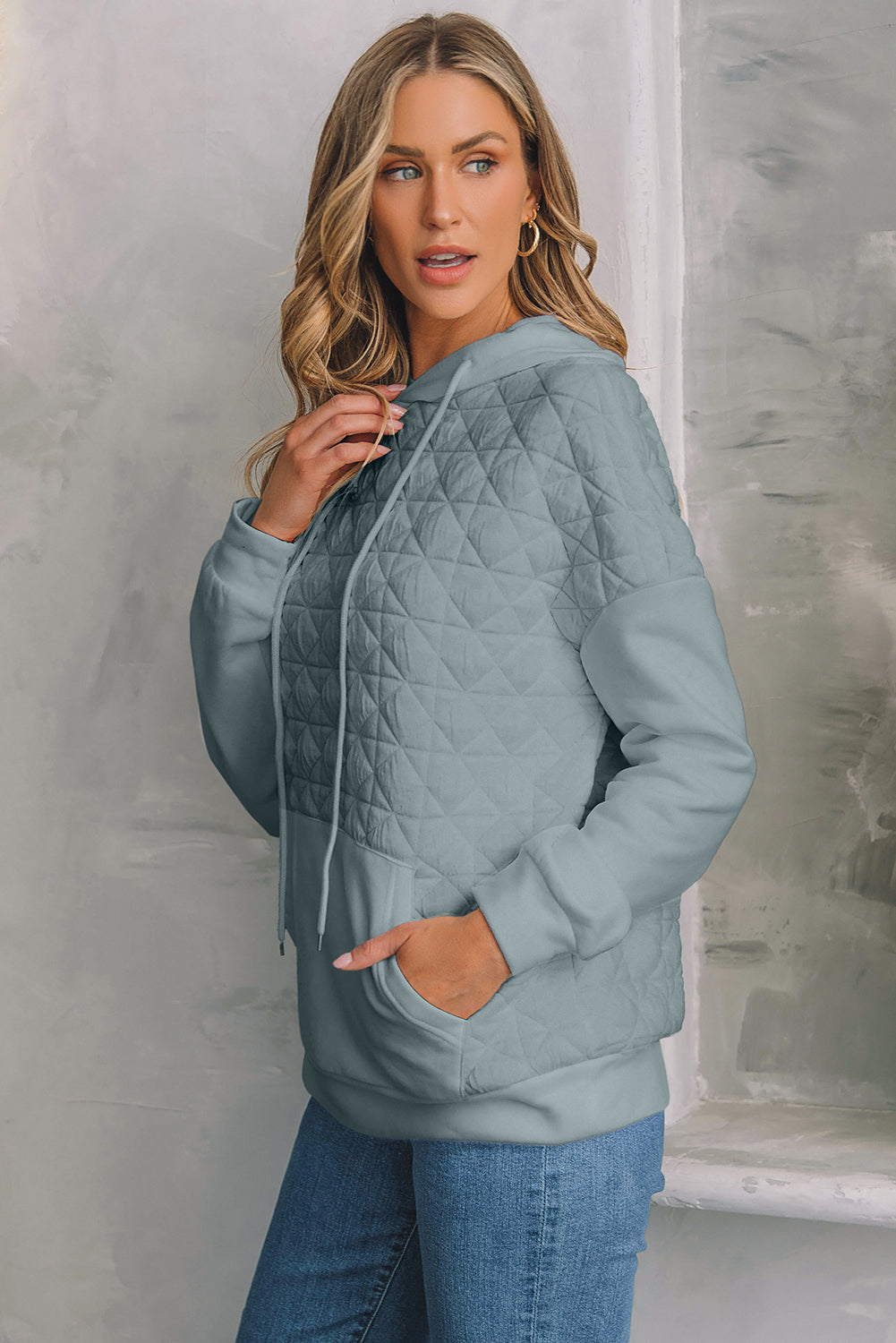 Light Grey Drop Shoulder Quilted Patchwork Kangaroo Pocket Hoodie eAura
