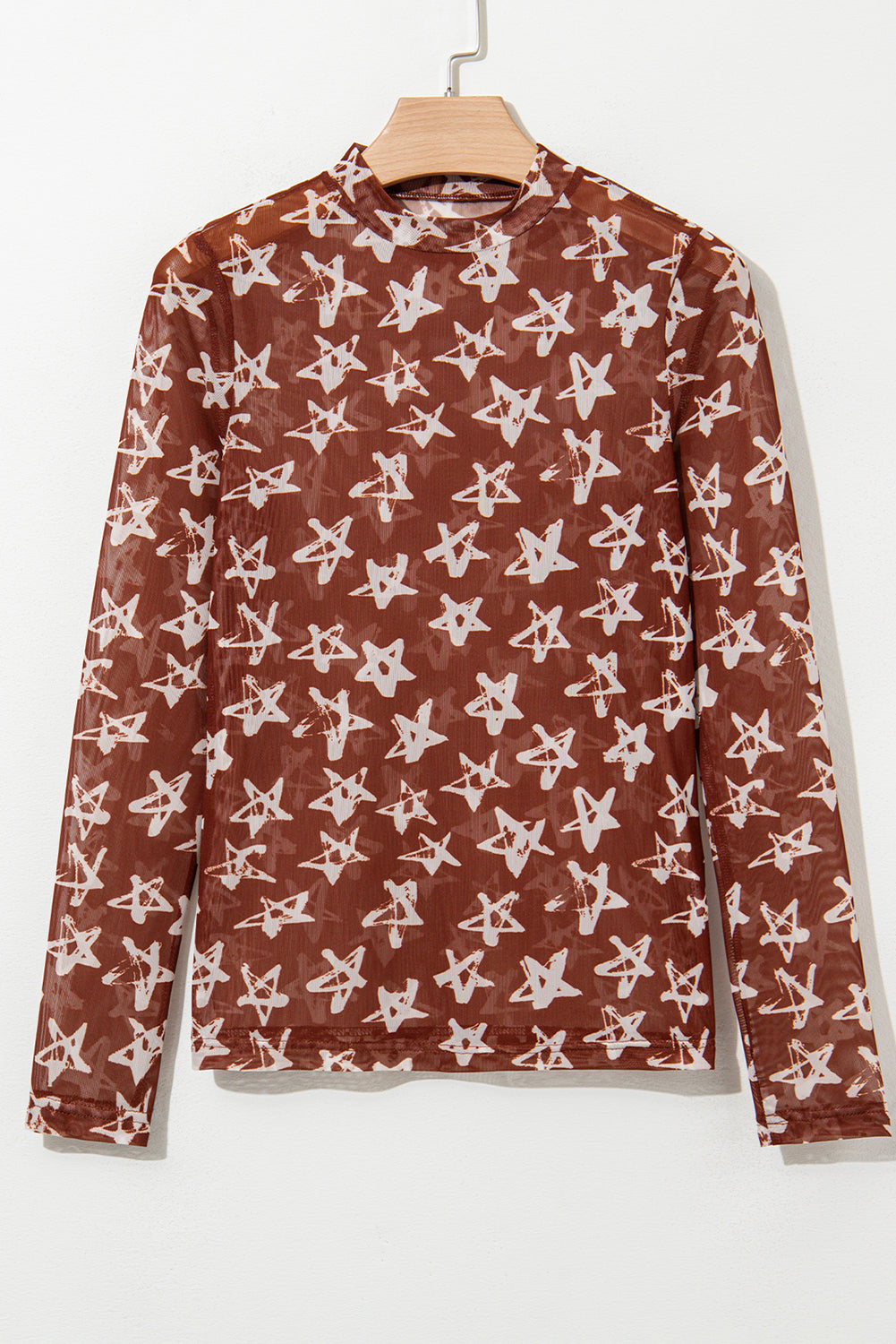 Mesh Star Print Mock Neck Sheath Long Sleeve Top BB Fashion Outlet