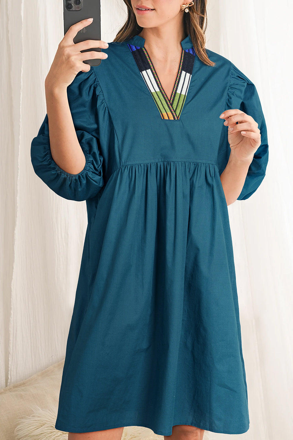 Blue Sapphire Colourblock Split V Neck Puff Sleeve Mini Dress eAura
