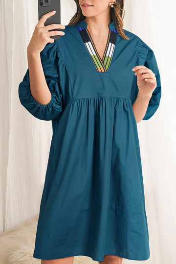 Blue Sapphire Colourblock Split V Neck Puff Sleeve Mini Dress - eAura