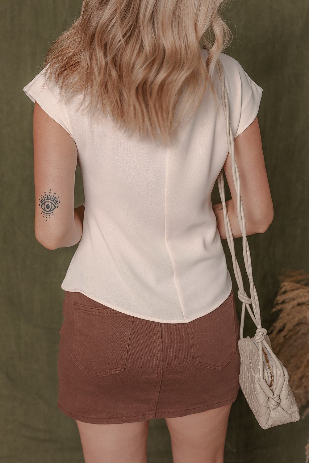 V-Neck Knotted Ruched Short Sleeve Peplum Blouse eAura