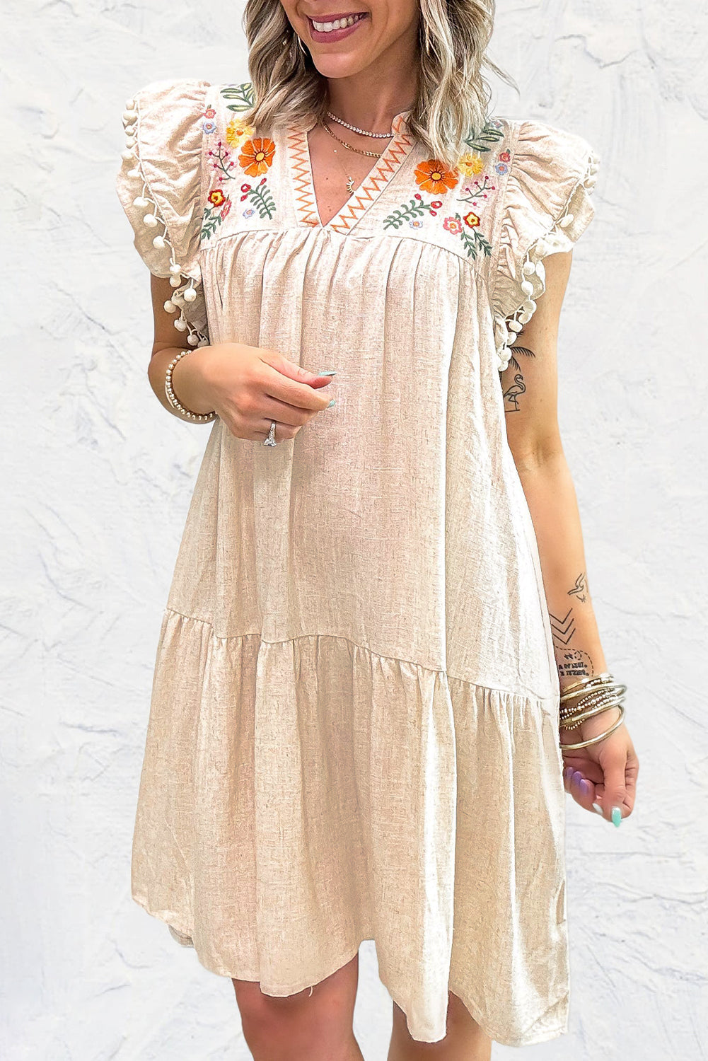 Jet Stream Linen Embroidery Split Neck Pom Pom Ruffle Sleeves Flowy Short Dress eAura