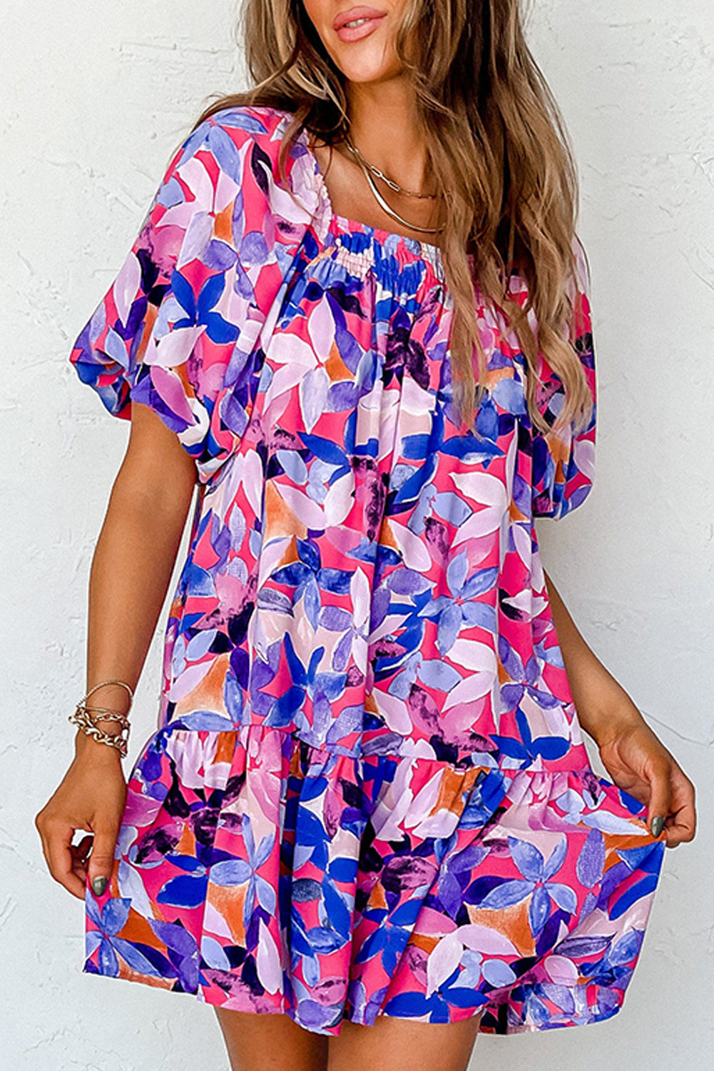 Purple Flower Print Short Puff Sleeve Ruffled Dress eAura