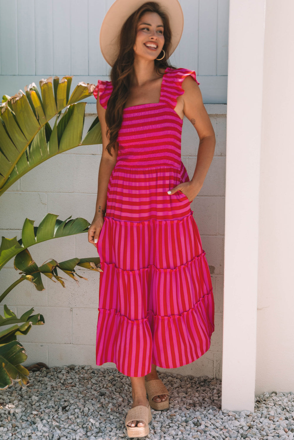 Rose Stripe Flutter Sleeve Smocked Bodice Tiered Maxi Dress eAura