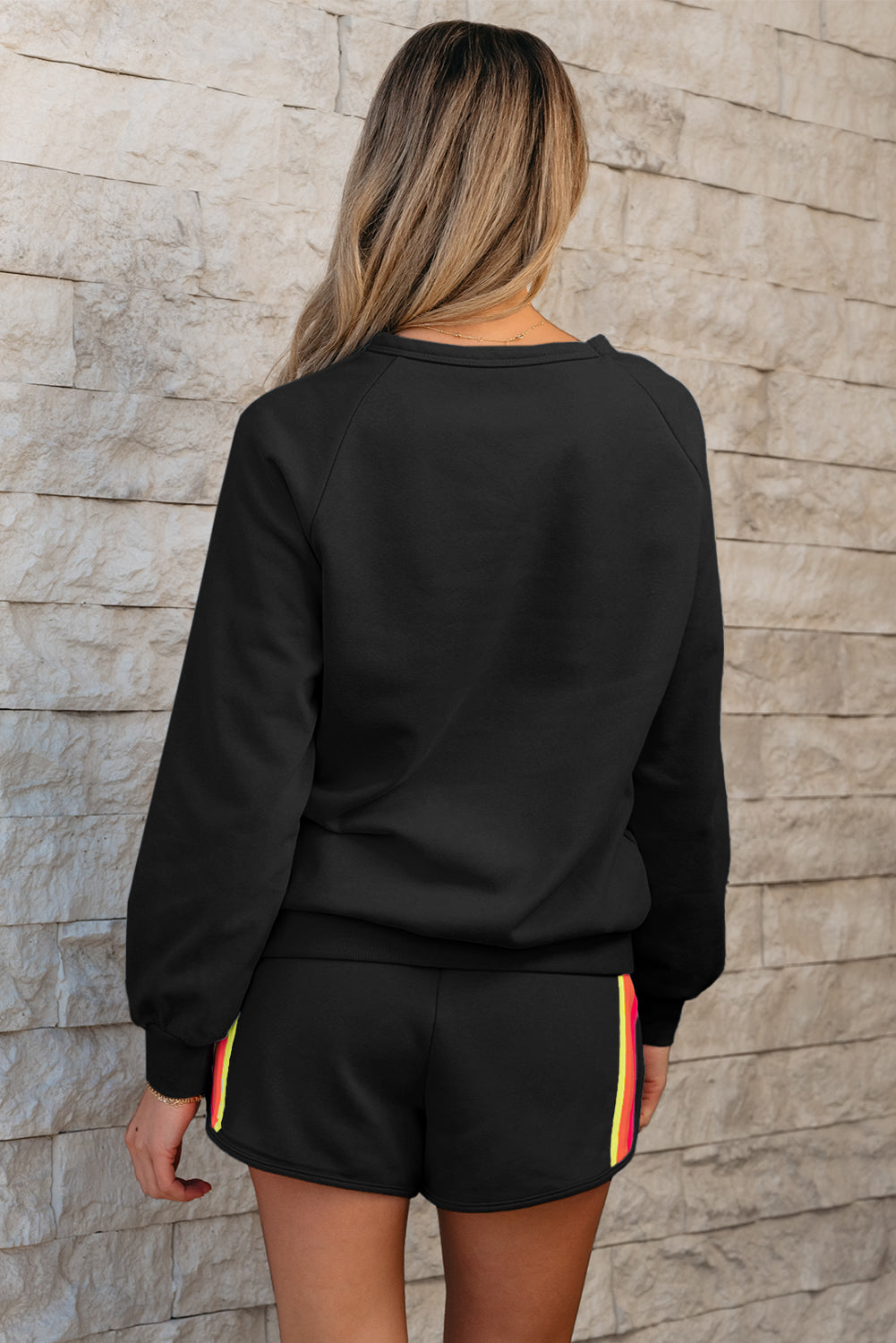Black Striped Accent Pullover and Shorts Two Piece Casual Set eAura