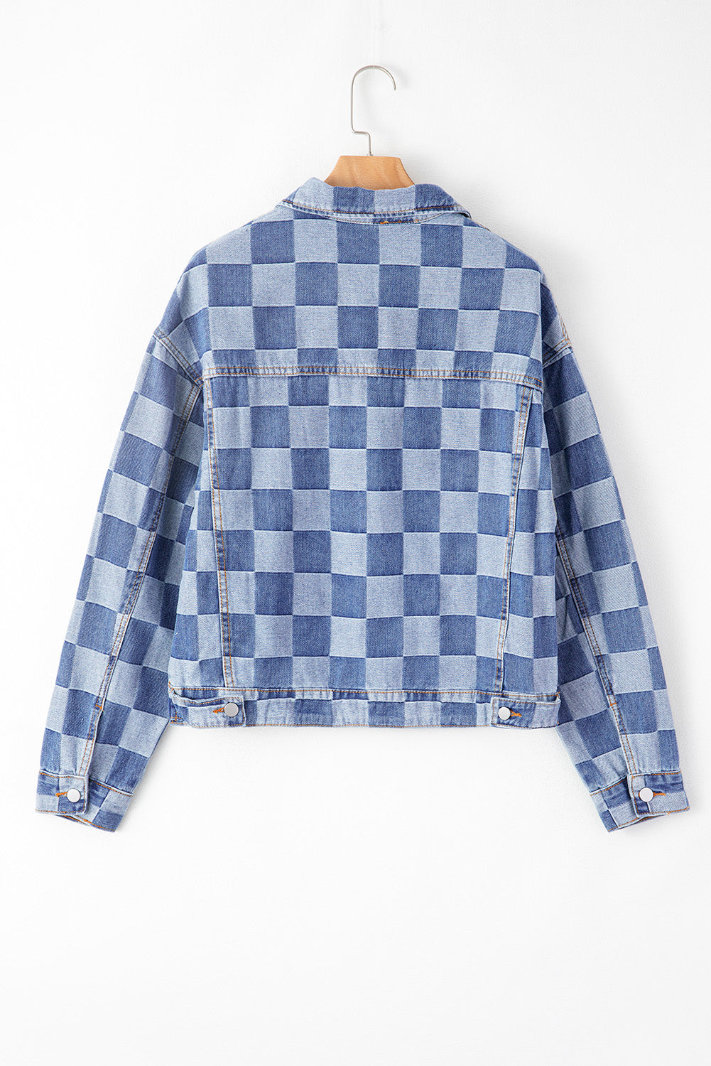 Light Blue Checkered Patchwork Button up Denim Jacket Beagle Boutique Fashion Outlet