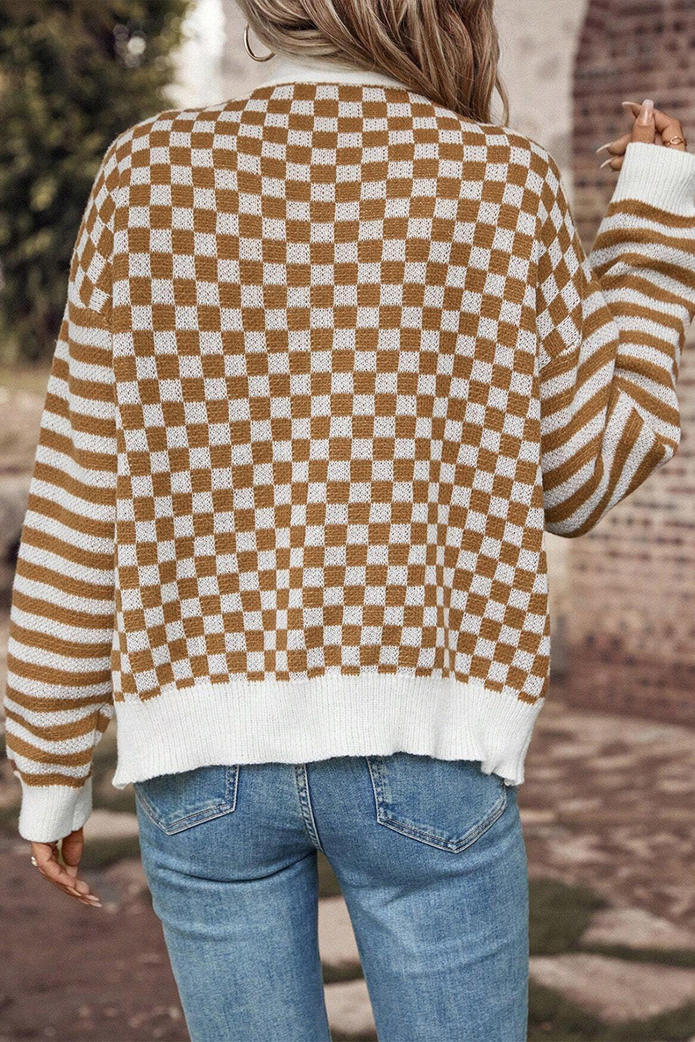 Brown Checkered Striped Patched Buttoned V Neck Cardigan eAura