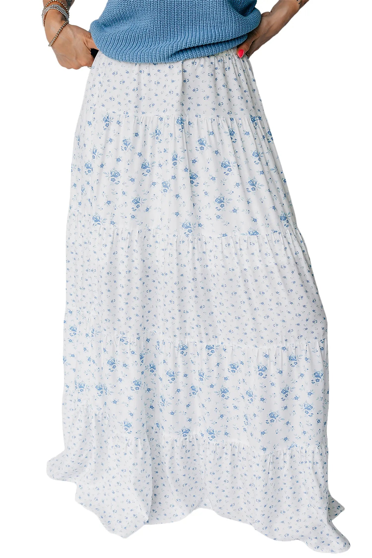 High Waist Tiny Floral Print Boho Maxi Skirt – Sky Blue