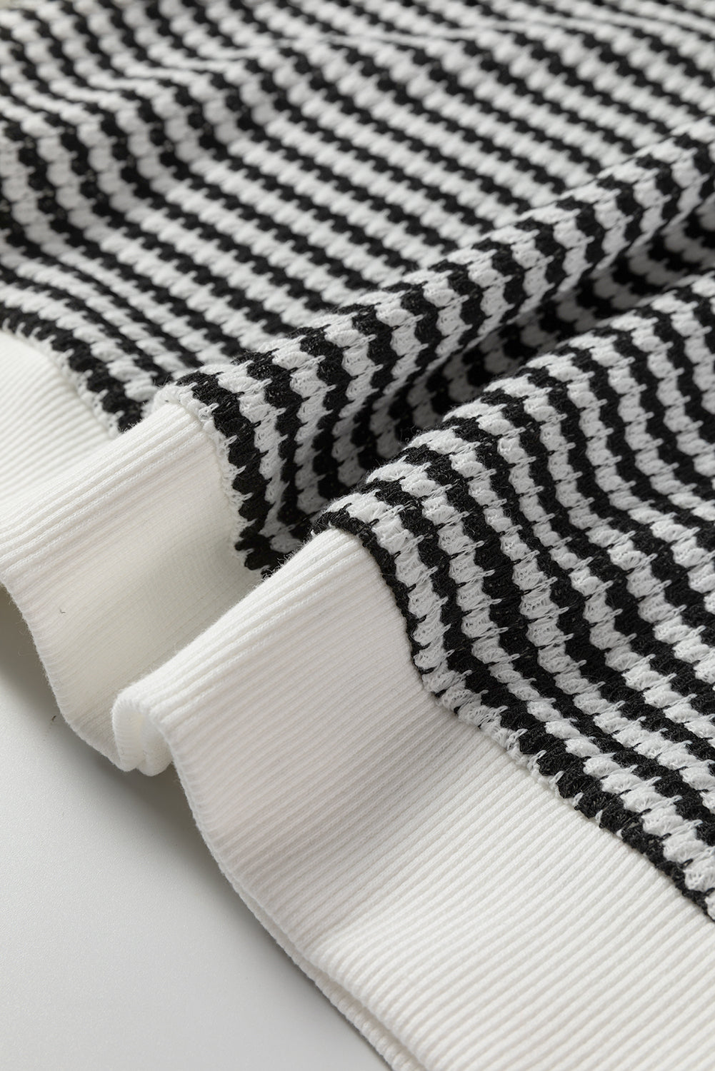 Black Stripe Textured Knit Contrast Lace Long Sleeve Top - eAura