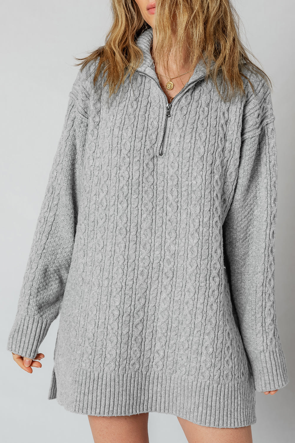 Cable Knit Quarter Zip Ribbed Trim Loose Sweater Dress - eAura