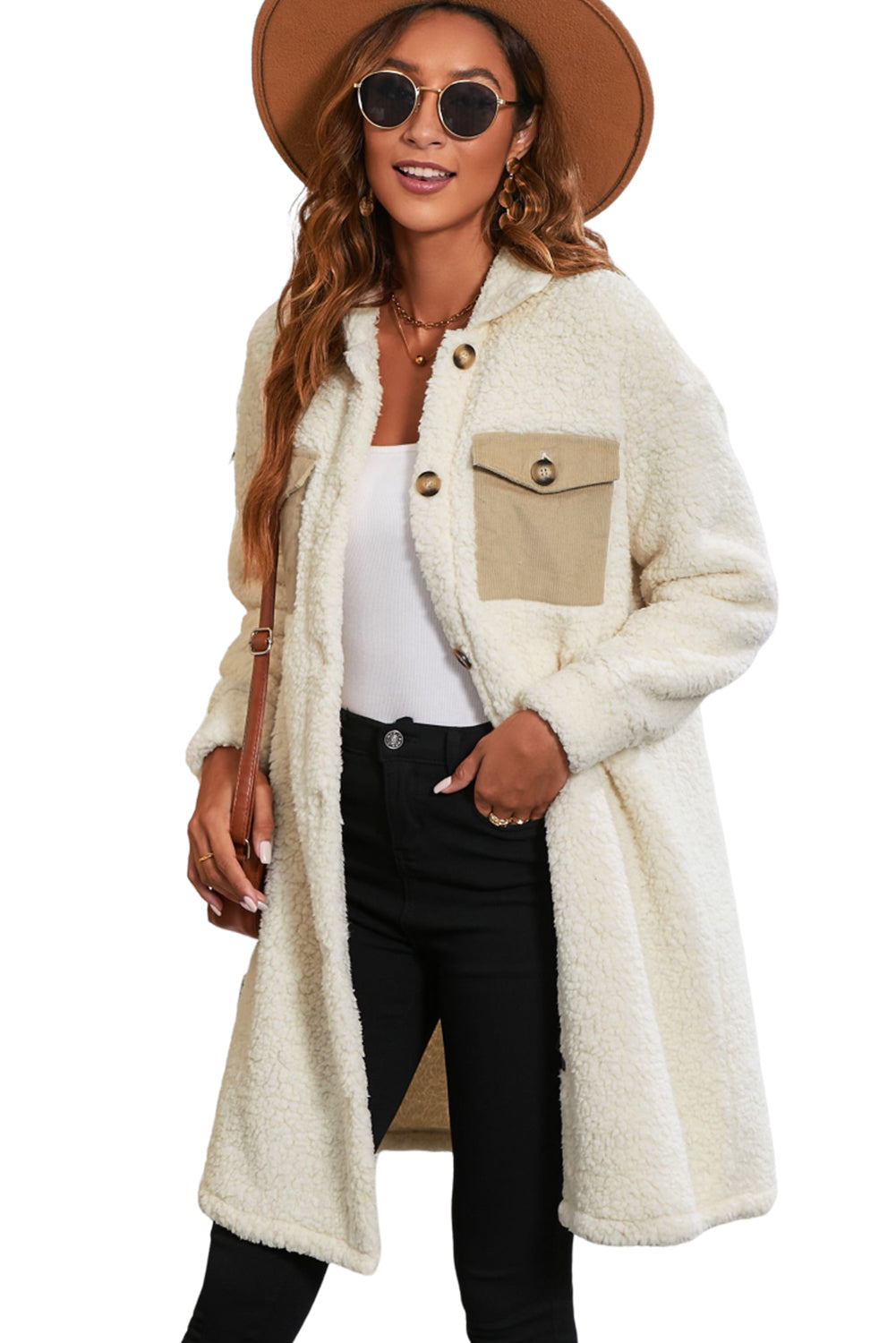 Beige Contrast Flap Pocket Single Breasted Teddy Coat eAura