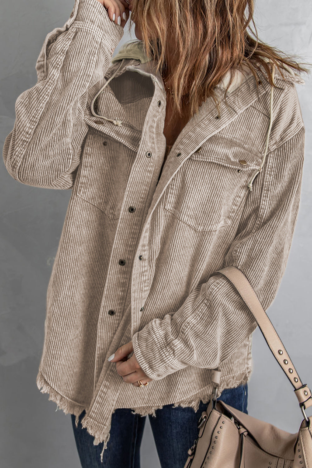 Khaki Patchwork Hooded Corduroy Shacket BB Fashion Outlet