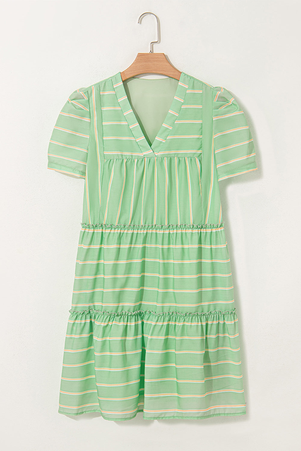 Green Stripe V-Neck Short Sleeve Frilled Detail A-line Dress eAura