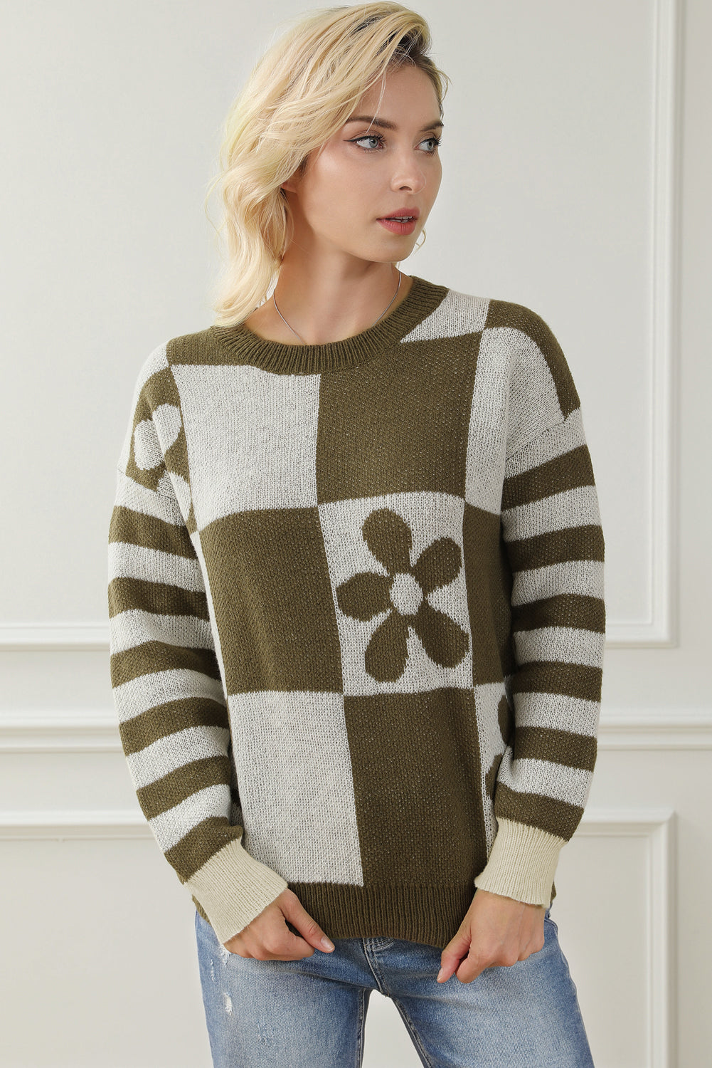 Brown Checkered Floral Print Striped Sleeve Sweater eAura
