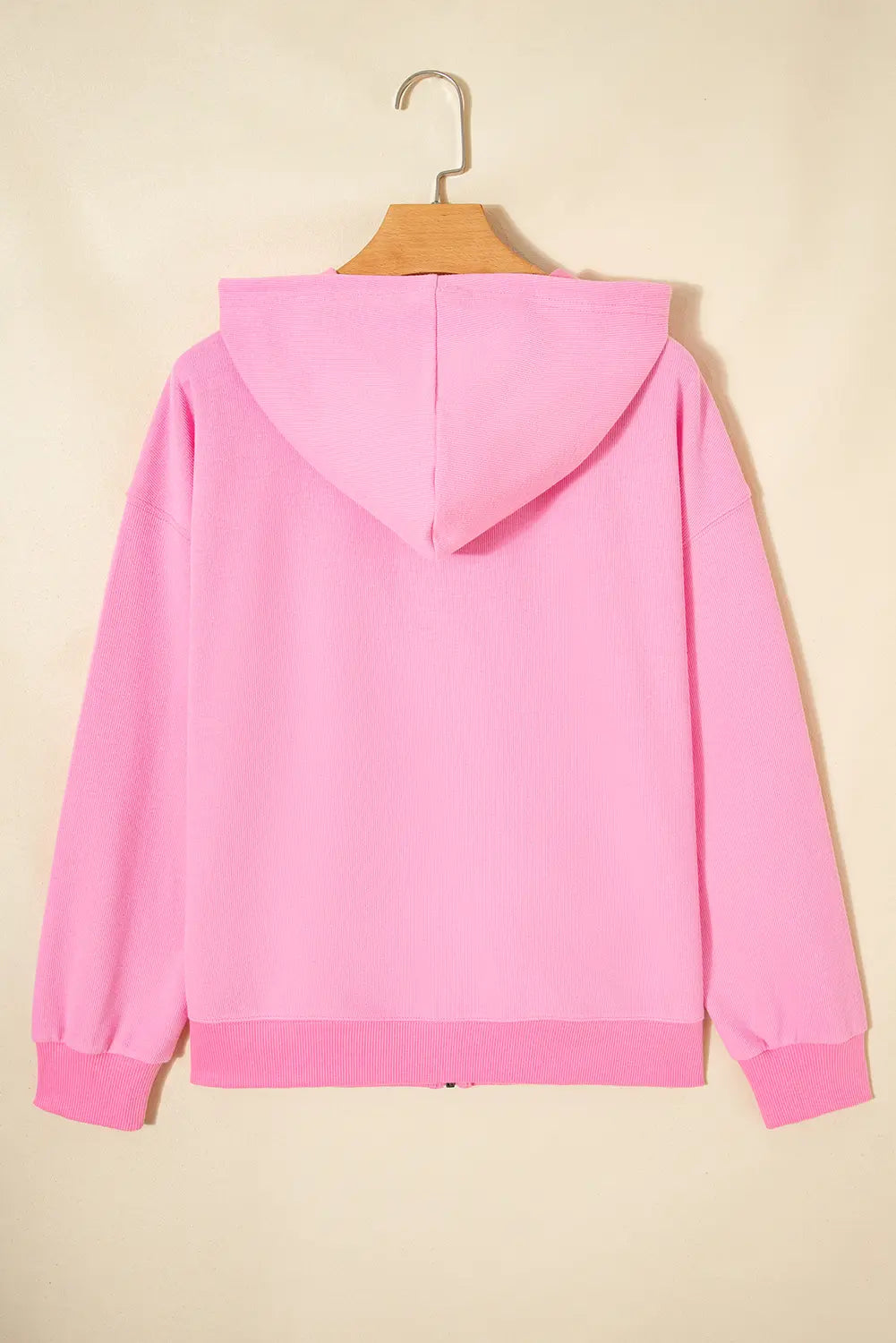 Solid Colour Ribbed Zip Up Drawstring Hooded Jacket – Sachet Pink