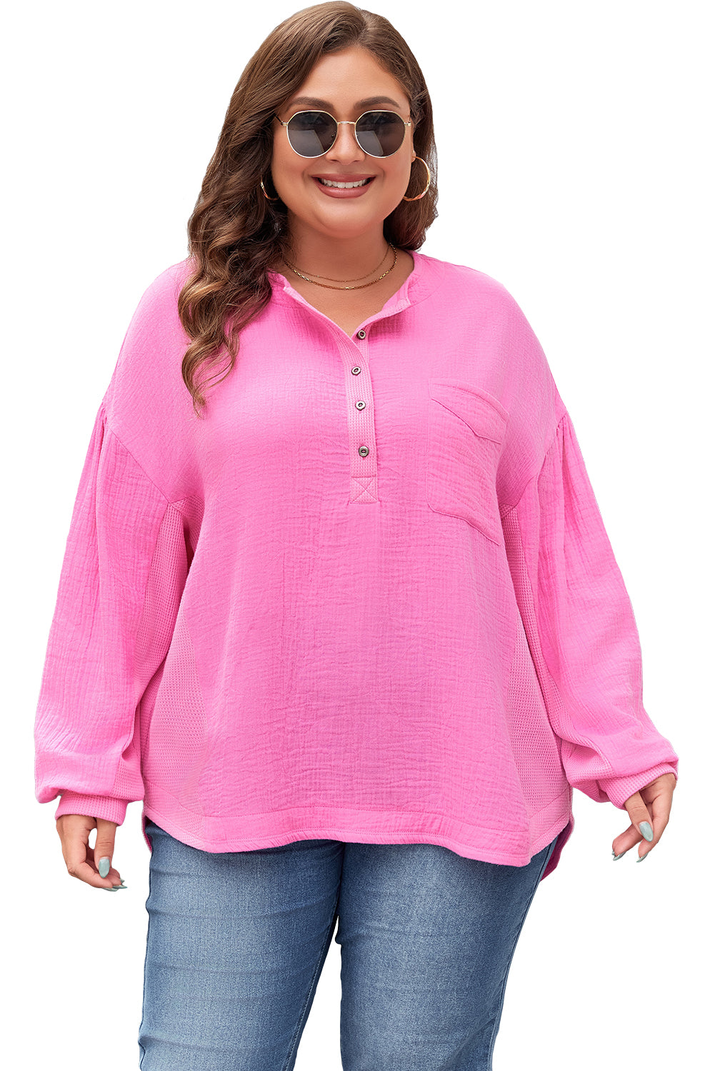 Bonbon Half Buttons Chest Pocket Drop Sleeve Plus Size Top BB Fashion Outlet