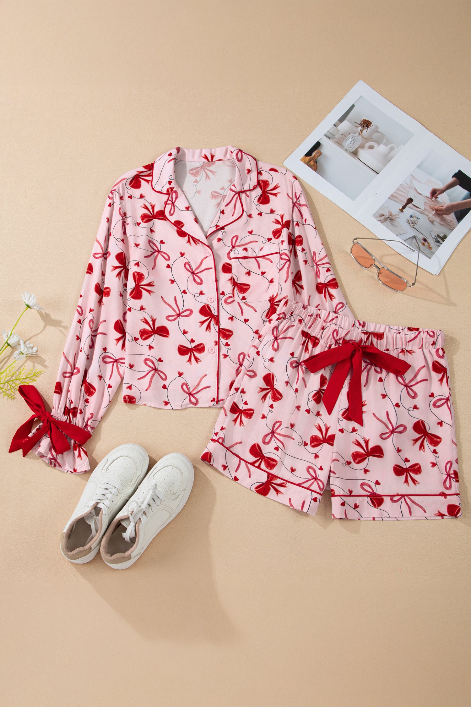 Bow Print Valentine Long Sleeve Shirt Shorts 2 Pcs Pajama Set – Red