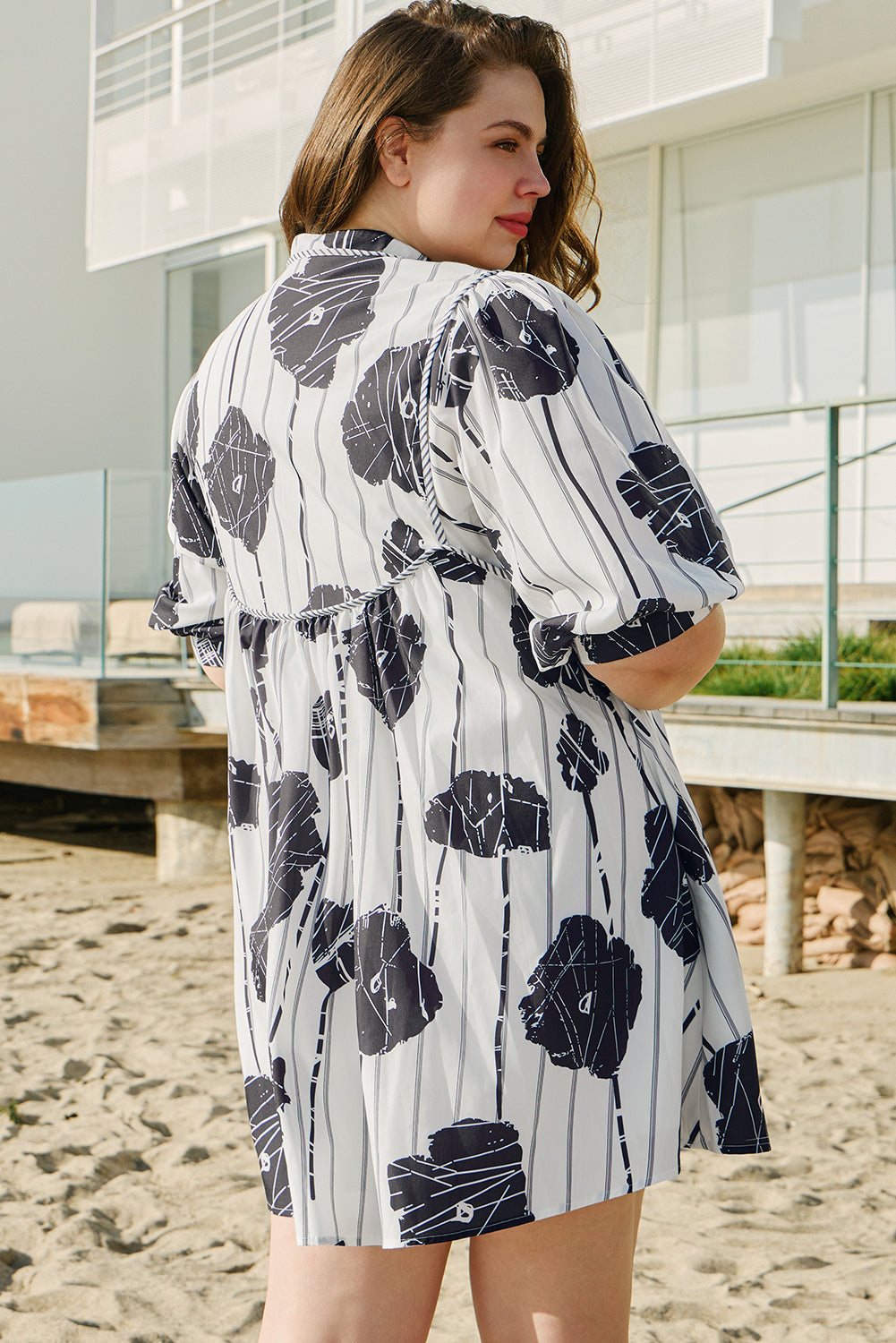 Black Plus Size Floral 3/4 Puff Sleeve Lace-up Neck Mini Dress BB Fashion Outlet