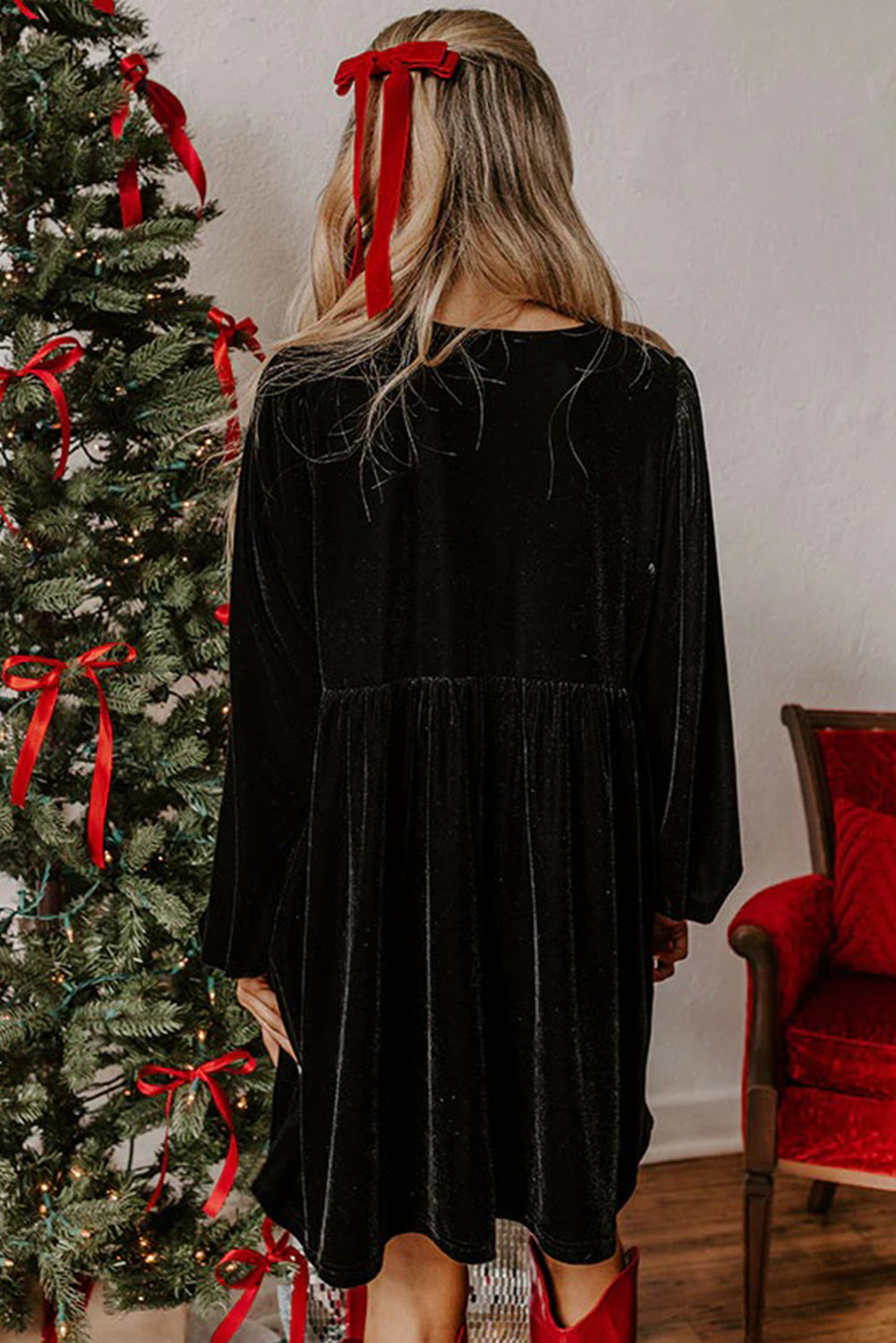 Front Tie Velvet Bubble Sleeve Mini Dress - eAura