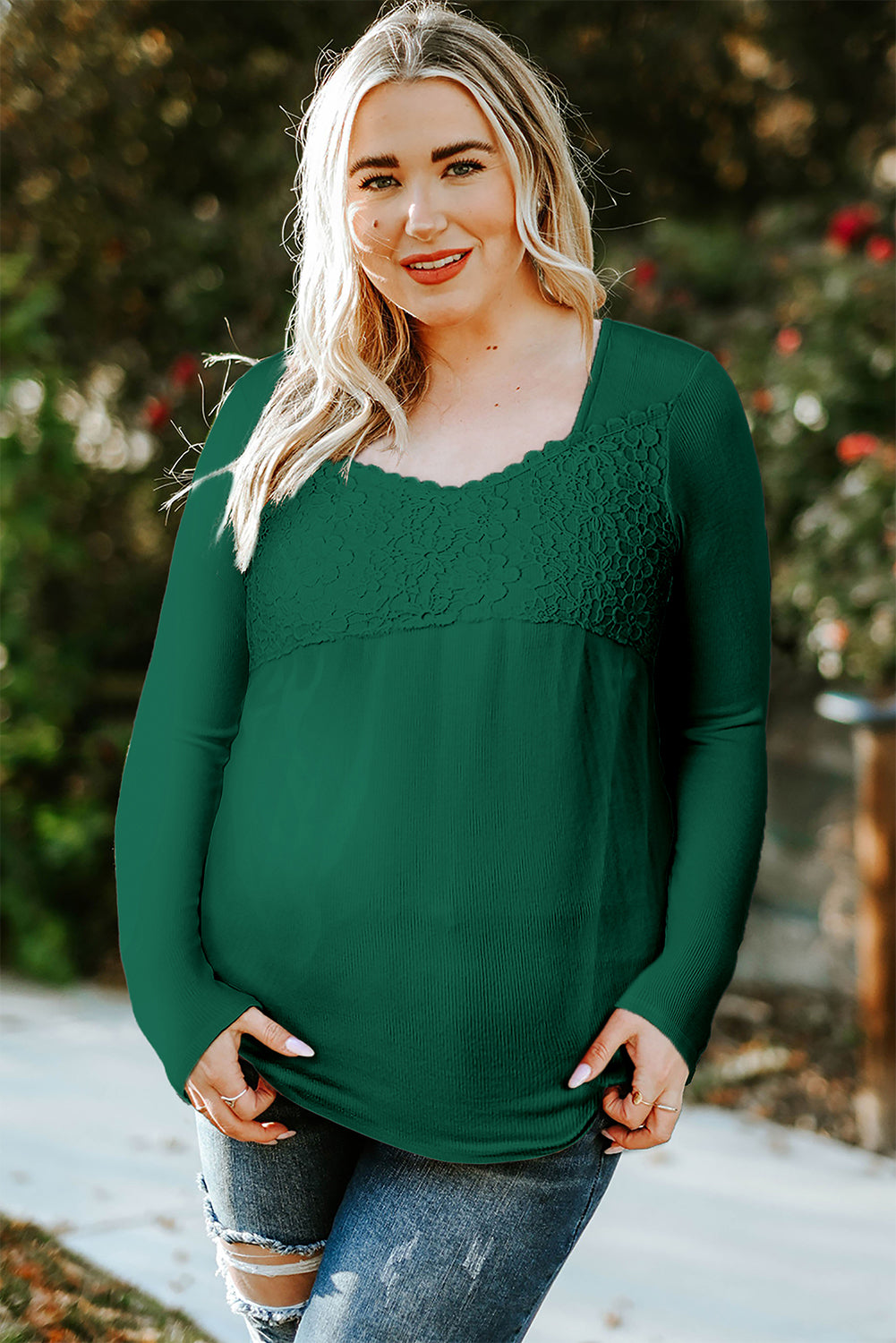 Lace Crochet V Neck Long Sleeve Top eAura