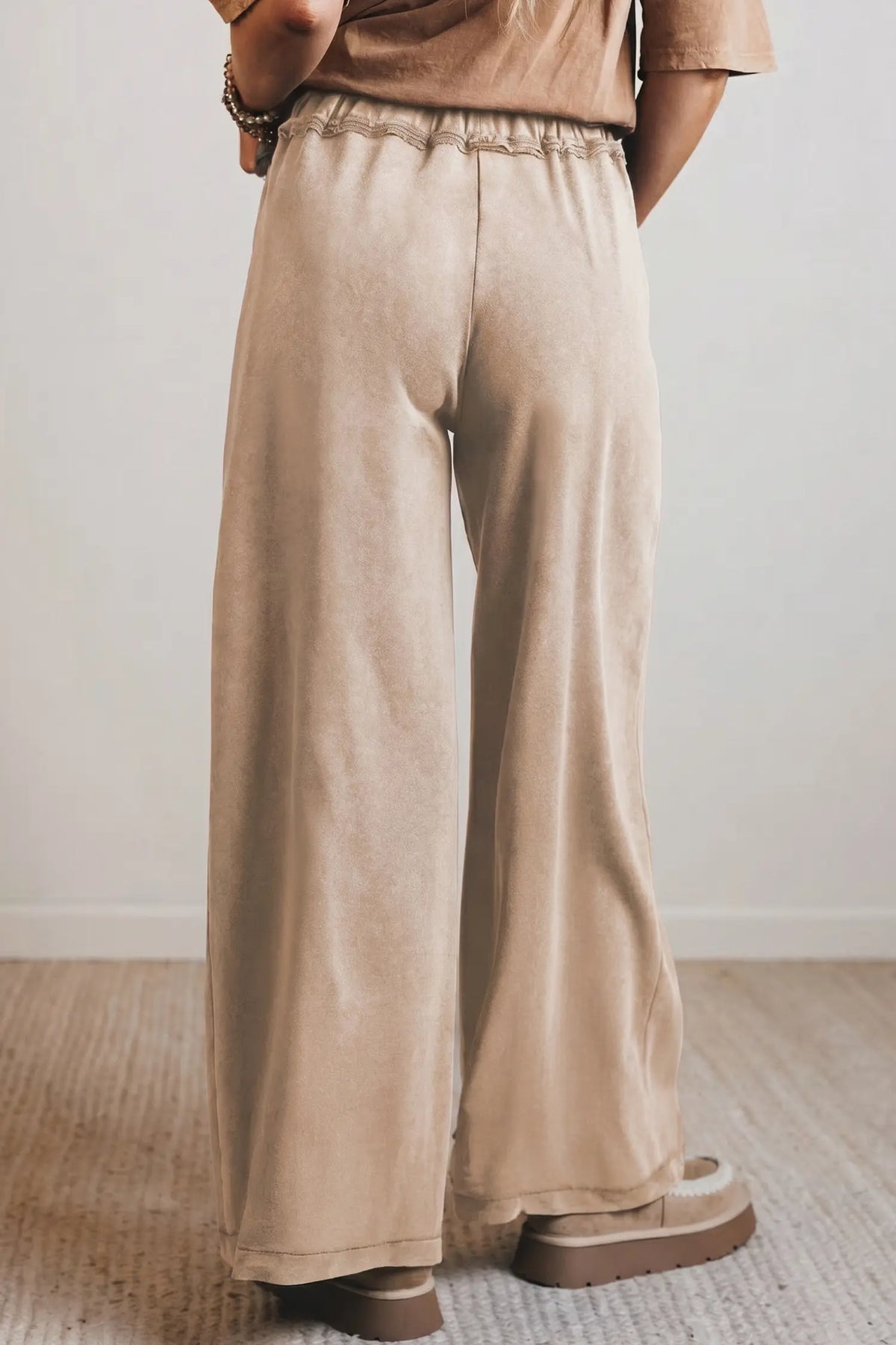 Mineral Wash Drawstring Retro High Waist Wide Leg Western Pants – Latte
