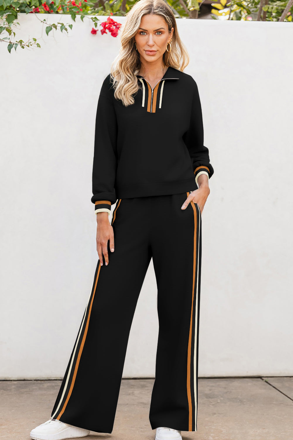 Black Striped Patchwork Quarter Zip Pullover Loose Pant Set - eAura