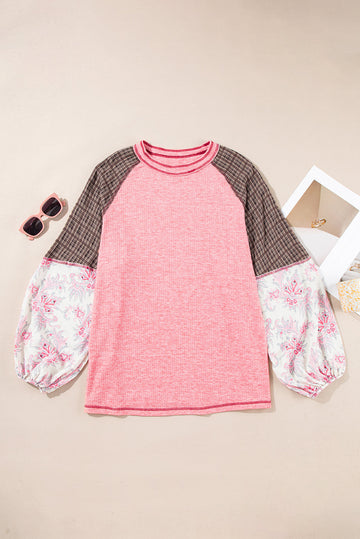 Pink Checkered Paisley Patchwork Raglan Sleeve Seamed Plus Size Top BB Fashion Outlet