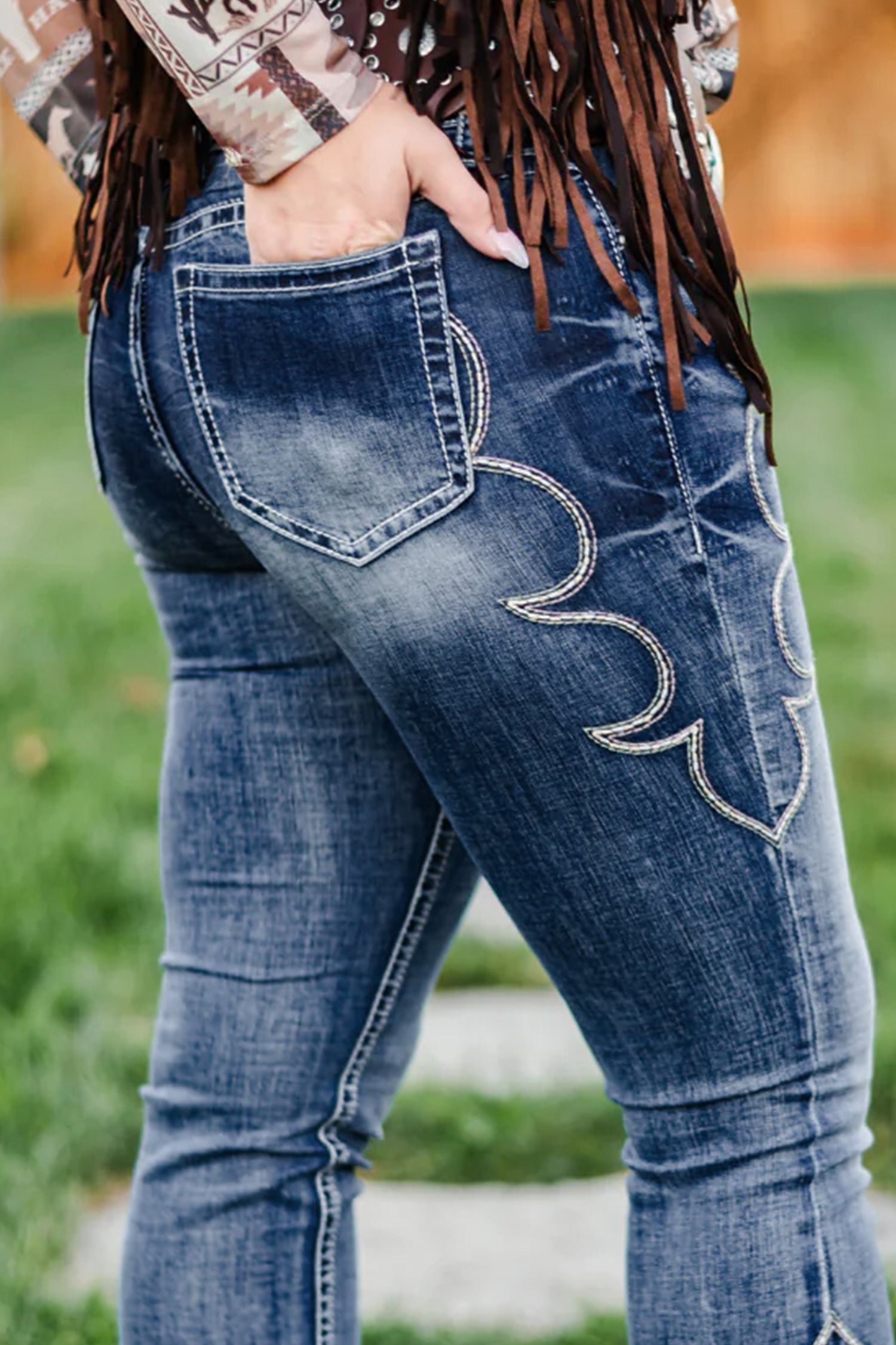Western Embroidered Flare Full Length Jeans – Blue
