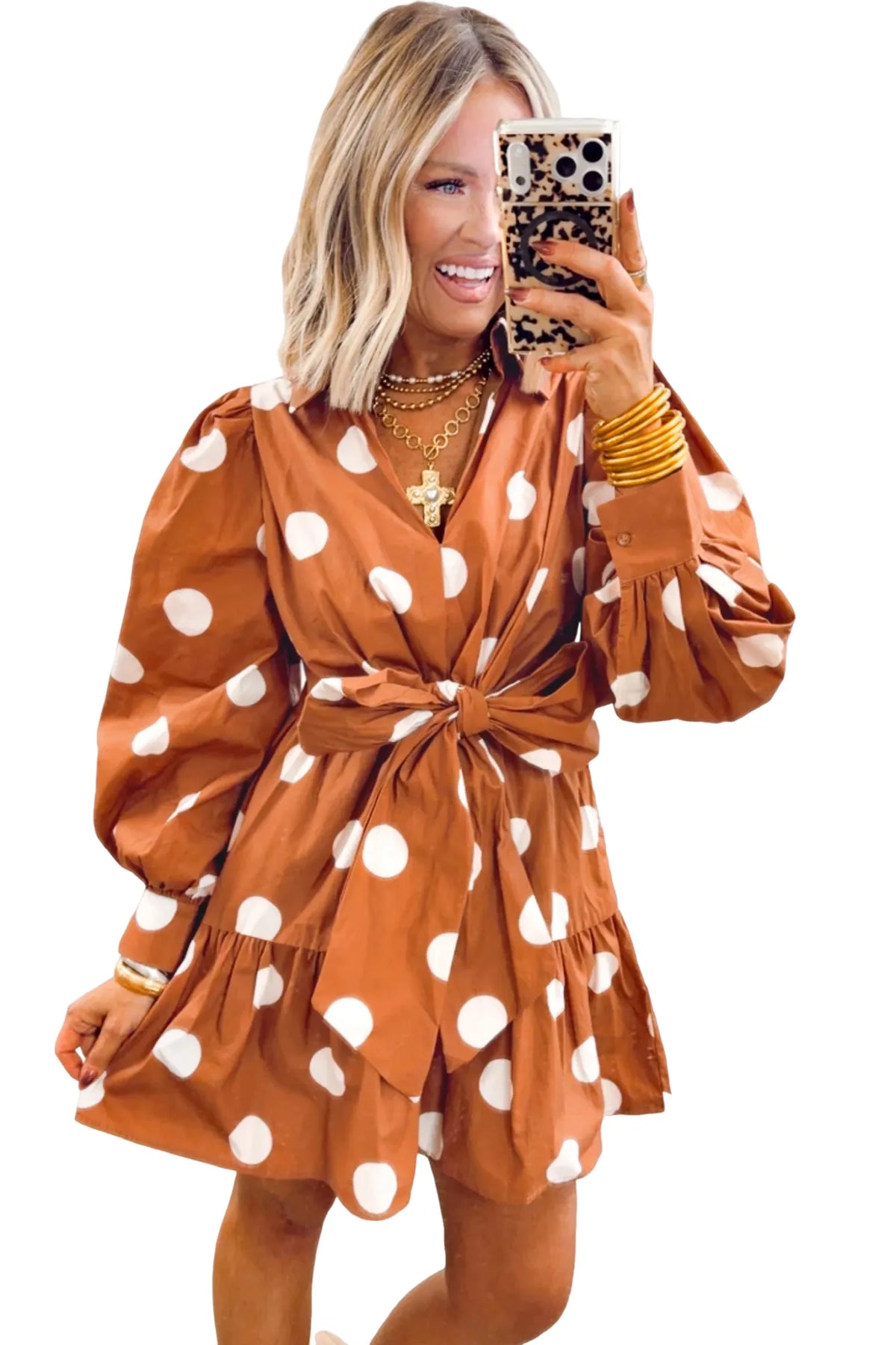 Polka Dot Long Sleeve Tie Waist Casual Shift Mini Dress – Brown