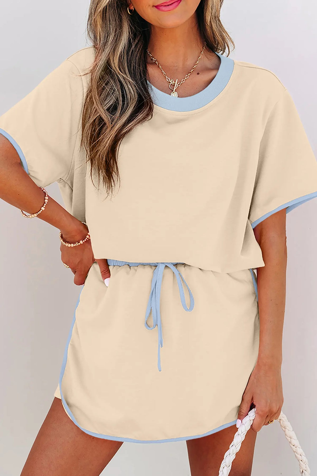Apricot Colourblock Edge Drop Shoulder T Shirt and Skort 2Pcs Set – Beige