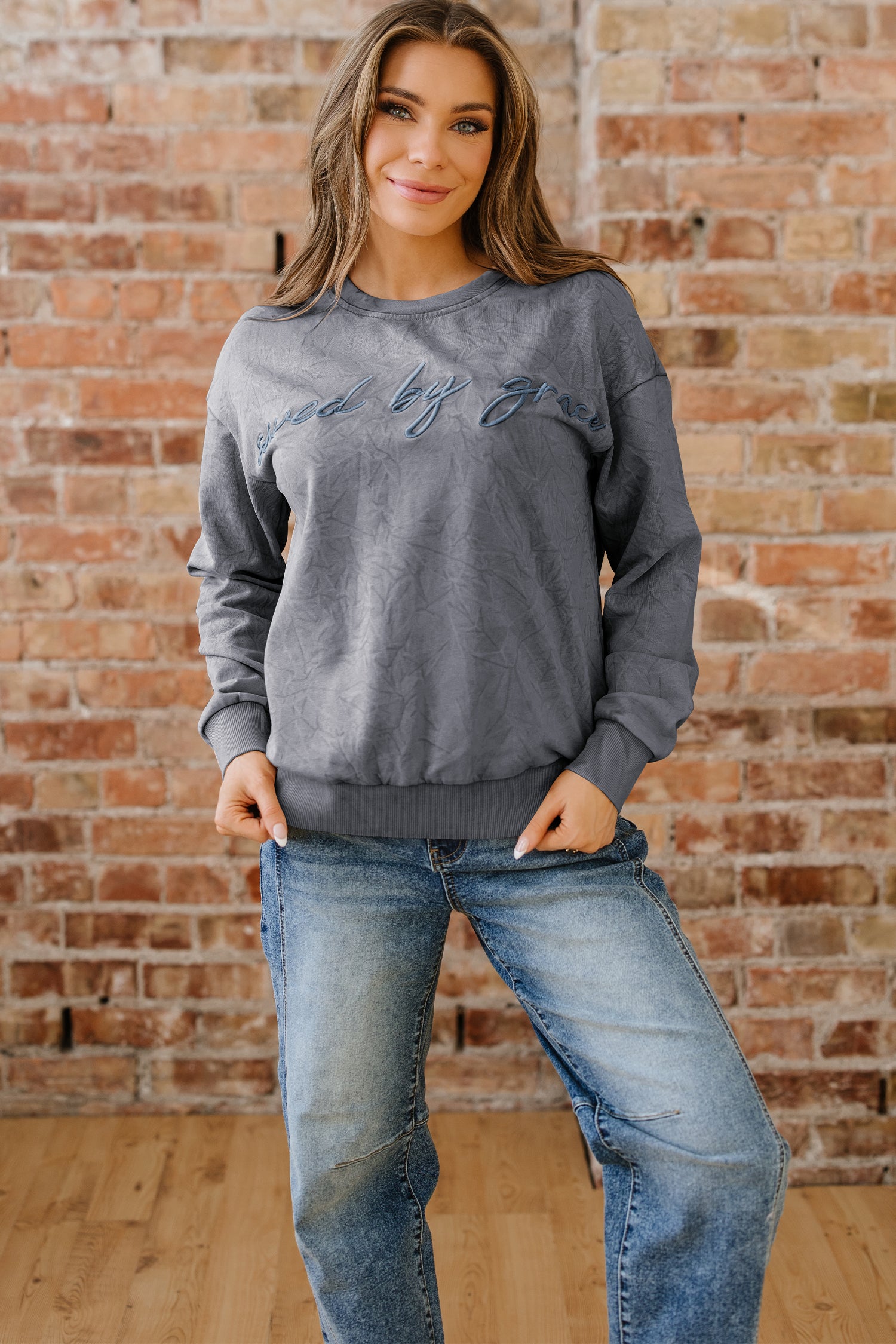 ’Saved By Grace’ Letter Embroidery Mineral Wash Loose Sweatshirt - Tops/Sweatshirts & Hoodies