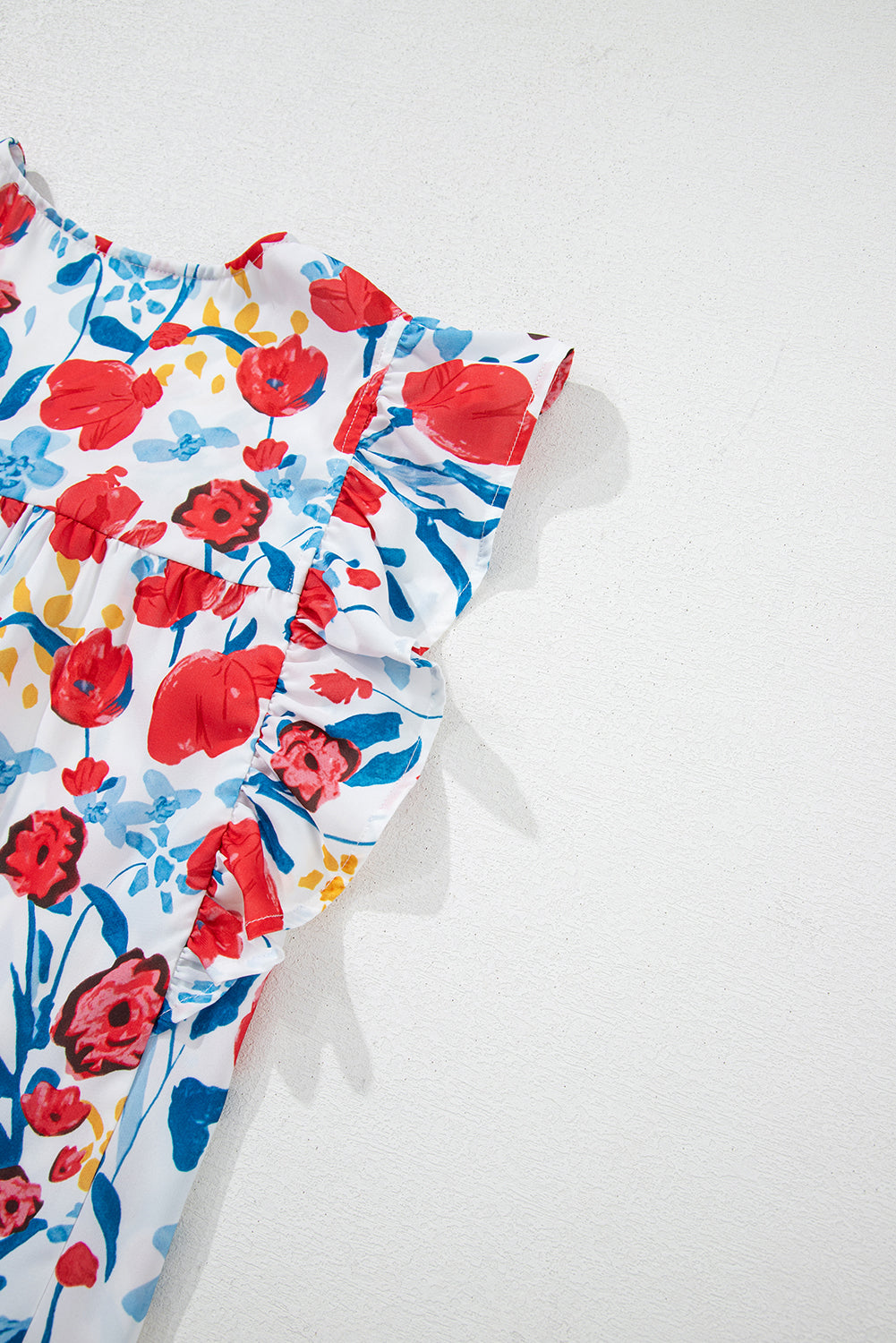Red Flowers Pintuck Detail V-Neck Ruffled Sleeve Top eAura