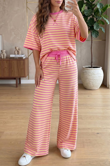 Colorblock Trim Crew Neck Loose Tee Drawstring Elastic Waist 2pcs Pant Set – Pink Stripe