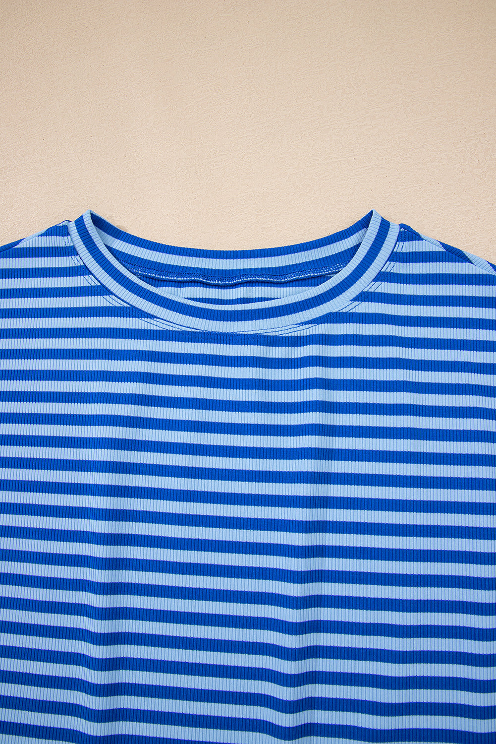 Blue Stripe Ribbed Cap Sleeve Round Neck T-Shirt eAura