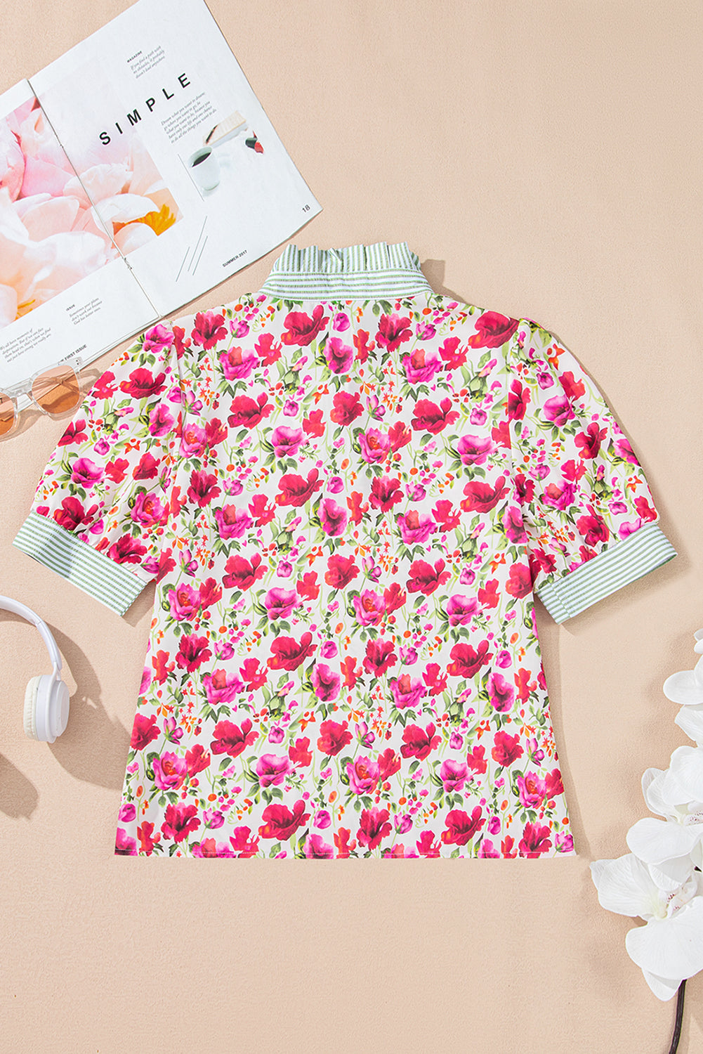 Red Floral Print Striped Patchwork Collared Short Sleeve Blouse eAura