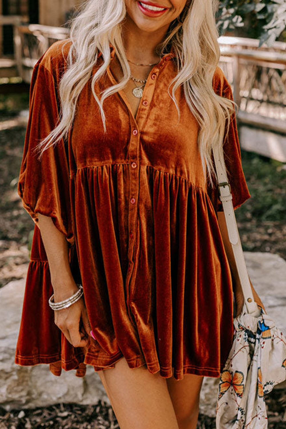 Chestnut 3/4 Sleeve Tunic Babydoll Velvet Shirt eAura