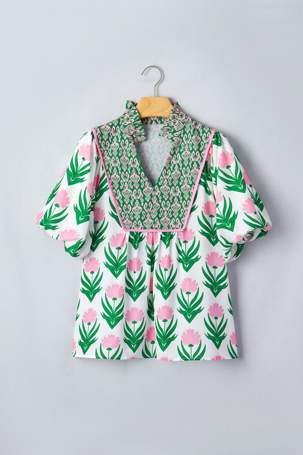 Floral Print Puff Sleeve Contrast Bordered V Neck Blouse – Multicolour