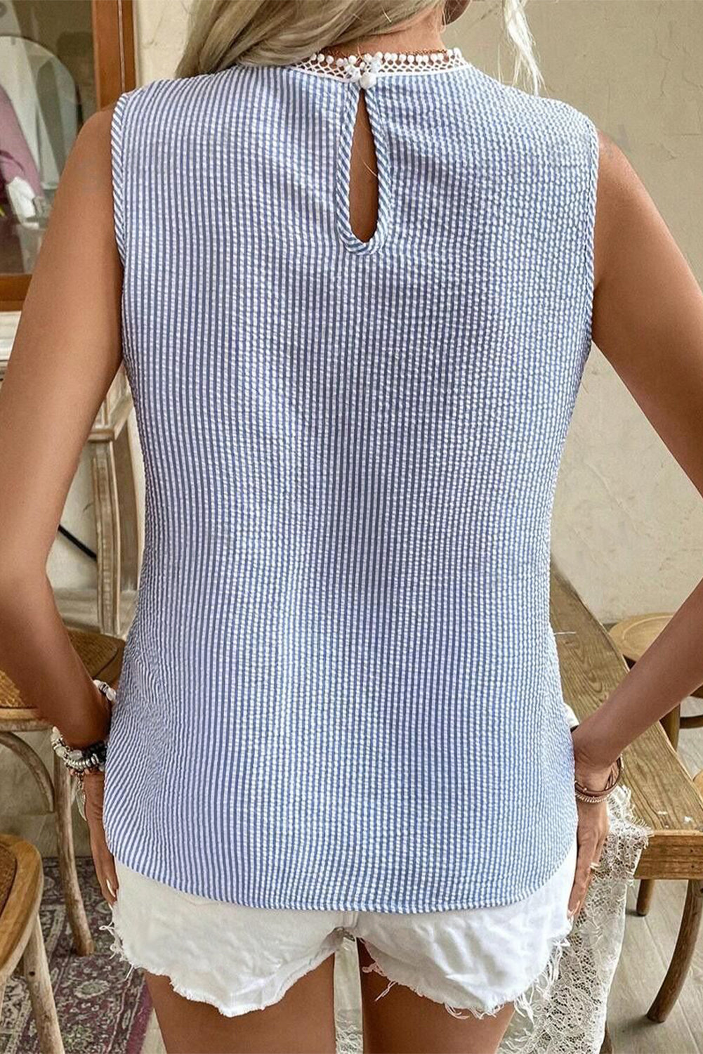 Sky Blue Stripe Lace Patchwork Crew Neck Tank Top eAura