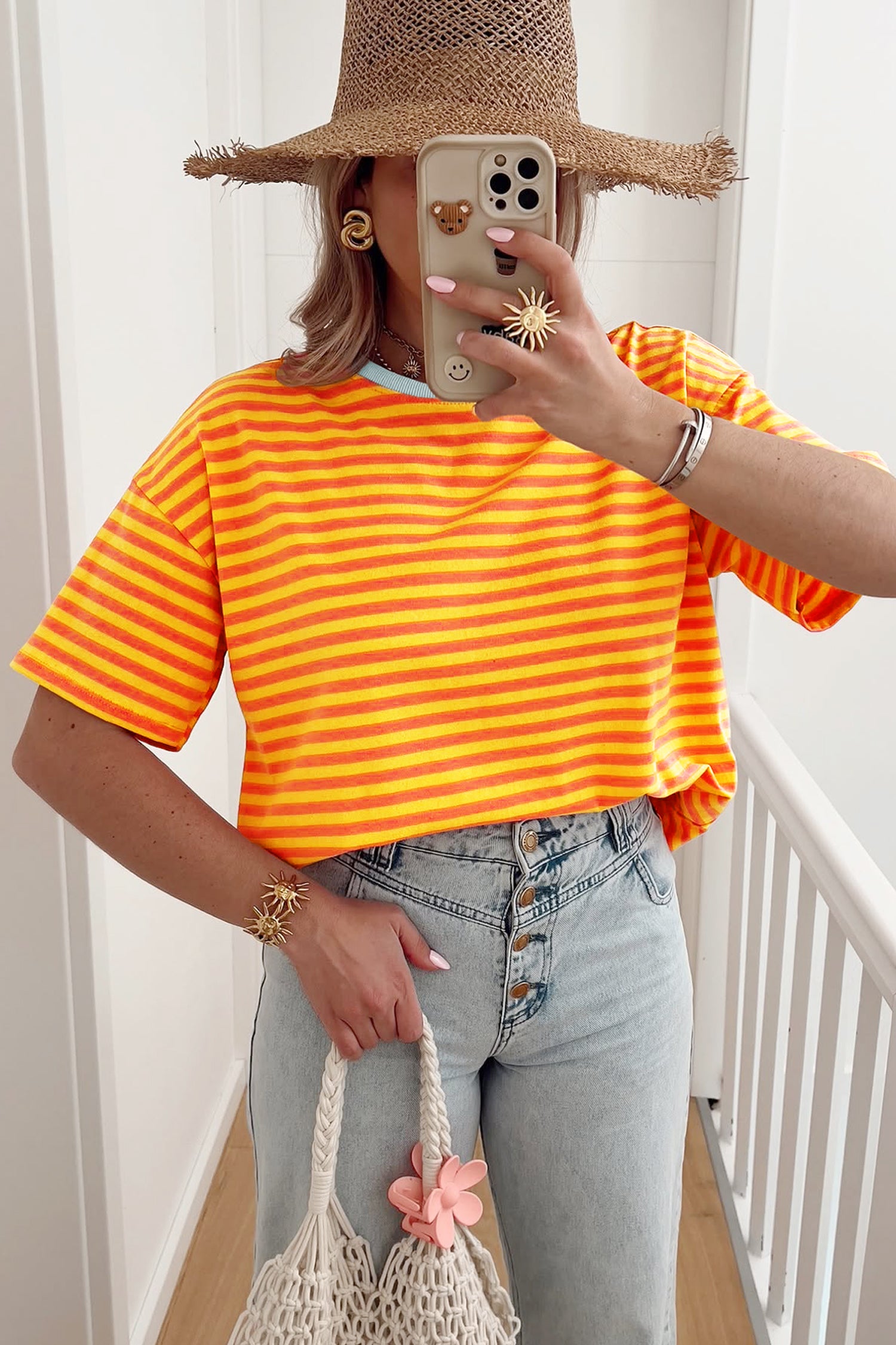 Stripe Contrast Crew Neck Drop Shoulder Loose Tee