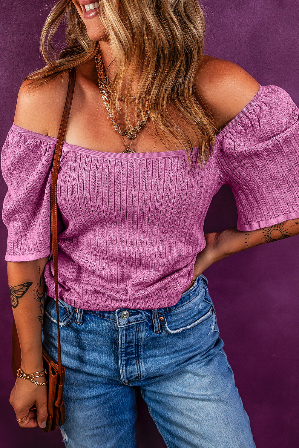 Phalaenopsis Textured Square Neck Half Sleeve Knitted Top eAura